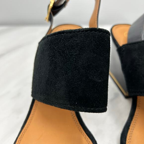Tory Burch Selby Slingback Wedge Sandals 7.5 Black Suede Leather Gold Buckle - Picture 15 of 16